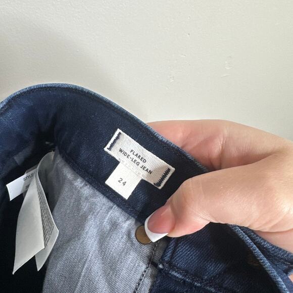 Madewell Flared Wide-Leg Jeans Dark Blue Raw Hem High Rise Stretch Denim 24 - Picture 5 of 9